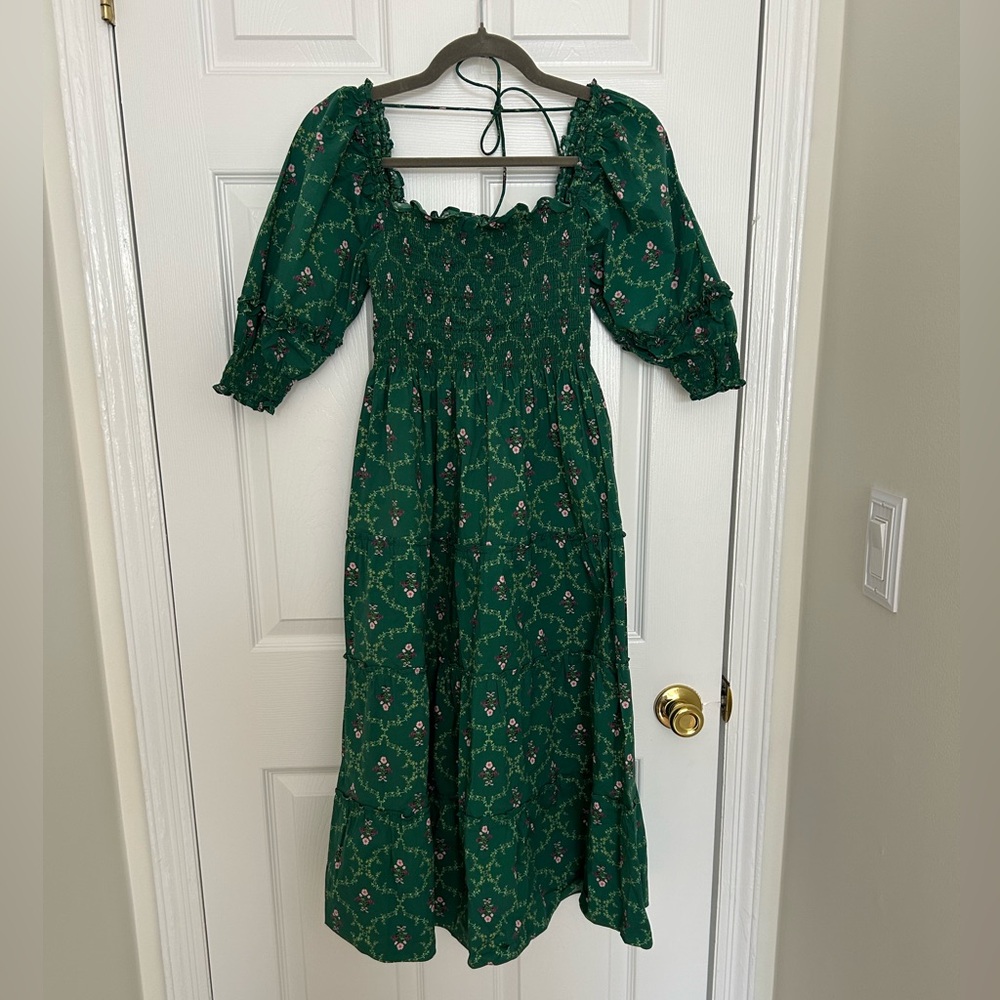 Hill House Forest Green Floral Smocked Midi Dress
